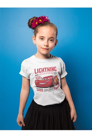 Sevbano Unisex Lightning Mcqueen Baskılı Arabalar Şimşek Çizgi Film Çocuk Beyaz