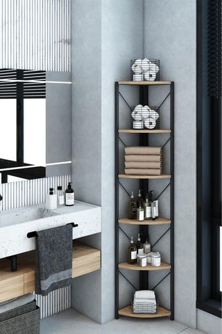 Datça 6 Raflı Metal Köşe Kitaplık Rafı Dekoratif Aksesuar Rafı 180 Cm Meşe Ceviz