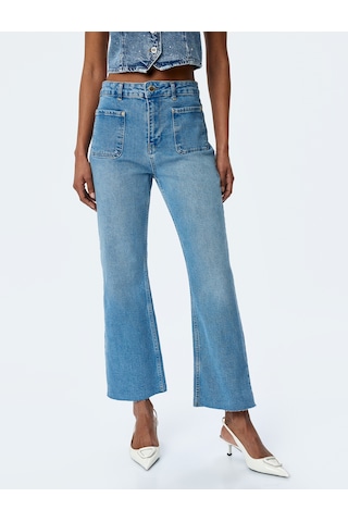 Koton İspanyol Paça Düğmeli Normal Bel Denim Pantolon - Flare Jeans Orta İndigo 5sal40132md Indigo