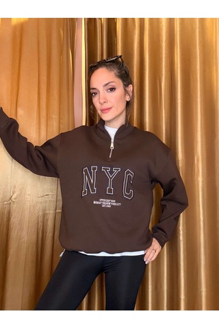 Ali Butik Kahve Nyc Nakışlı Şardonlu Sweatshirt Kahve