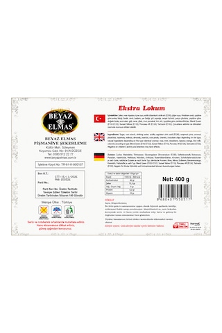 Beyaz Elmas Kare Çeşnili Lokum 400 Gr - %100 Doğal Pancar Şekerli - Karışık Kuruyemişli Ve Meyve Aromalı Türk Lokumu