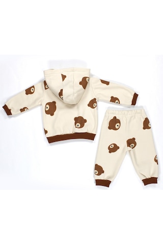 Ayıcık Desenli Kapüşonlu Bebek Alt Üst Takım Bej - Kahverengi