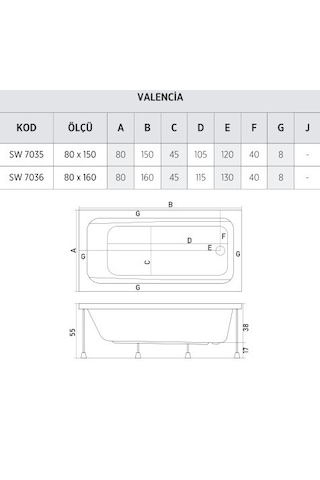 Shower 80X180 Valencıa Kolluklu Düz Küvet