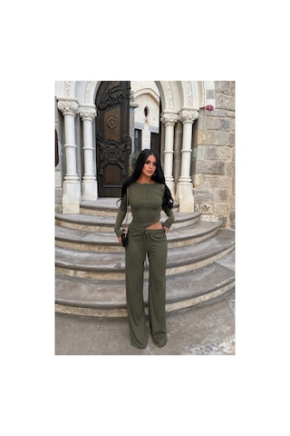 Evoa Kadın Haki Basic Düğmeli Bluz Ve Bol Paça Pantolon Takım