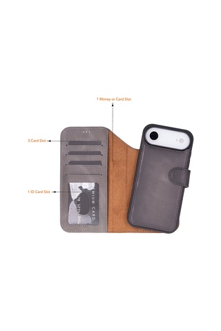 Bloomcase Magic Wallet Ash Mist Gray Hakiki Deri İphone Uyumlu 17 Air 6.5" Cüzdanlı Telefon Kılıfı Gri