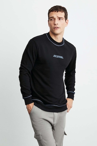 Grımelange Albert Erkek Yuvarlak Yakalı Polarsız Baskılı Ve Kontrast Dikişli Siyah Sweatshirt