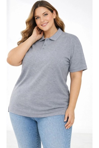 Wear Vexel Kadın Battal Beden Tişört Polo Yaka Pike Kumaş Kısa Kol T-shirt - Gri Gri