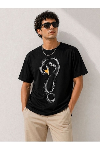 Vexor Erkek Kuğu Figürlü Soru İşareti Baskılı Tişört Kısa Kol T-shirt - Siyah Çok Renkli