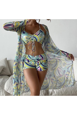 Kadın Mayo Yüksek Bel Bikini Seti Üç Adet Kadın Uzun Kollu Cover Up Mayo Plaj Mayo Yeşil