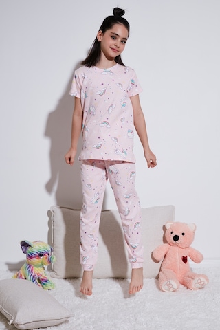 Lela % 100 Pamuk Bisiklet Yaka Kısa Kollu Kız Çocuk Pijama Takımı 6651002 Pembe-Beyaz