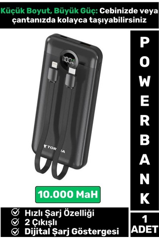 Kompakt 2 Çıkışlı Dijital Şarj Göstergeli Hızlı Şarj 10000 Mah Powerbank Taşınabilir Şarj Cihazı Çok Renkli