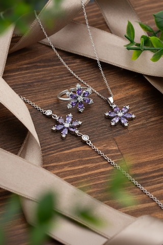 925 Ayar Ametist Taşlı Rodyum Lotus Çiçeği 3'lü Gümüş Set Rs10047 Gümüş