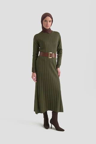 Armine Trend Kendinden Çizgili Triko Elbise Haki 25ktd901