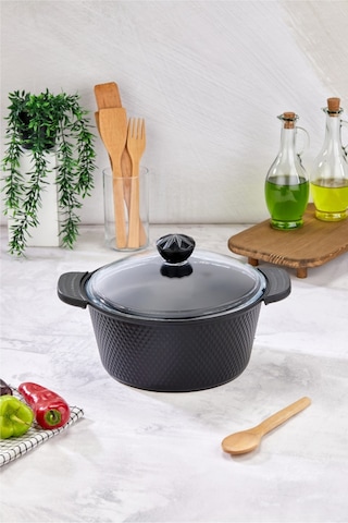 Cooker Kristal Serisi Döküm Granit Silikon Saplı 28 Cm Derin Tencere Siyah
