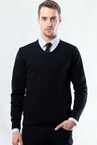 Tudors Slim Fit Dar Kesim V Yaka Pamuklu Erkek Kazak-6399 Siyah