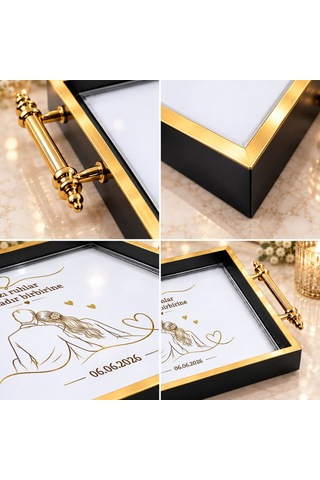Bk Gift Kişiye Özel Siyah&gold Söz Nişan Tepsisi-8 - 39x23 Cm Çok Renkli