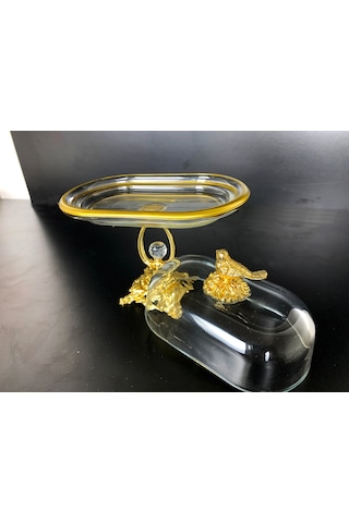 Elta Collection Kuş Figürlü Gold Metal Kristal Ayaklı Sunumluk Tereyağlık Peynirlik Kahvaltılık Gold