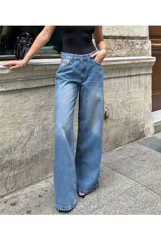 Kene Jeans Kadın Mavi Tintli İşlemli Çift Köprülü Bol Paça Kot Pantolon Mavi