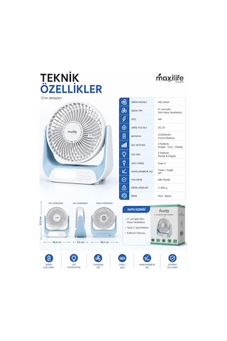 Breeze Mg-5146f Şarjlı Mini Masa Vantilatörü Led Işıklı 3 Kademeli Usb Type-c