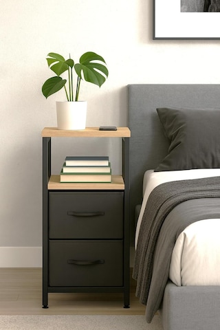 Miyuhome 2 Raflı Komodin Deri Çekmeceli Düzenleyici Yatak Odası Organizer Metal Komodin Antrasit Diğer