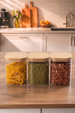 Porsima 5-3 Bambu Vakumlu Kapaklı Kare Borsilikat Cam 3lü Kavanoz Seti Saklama Kabı 750ml 7,5x15cm Ahşap - Şeffaf
