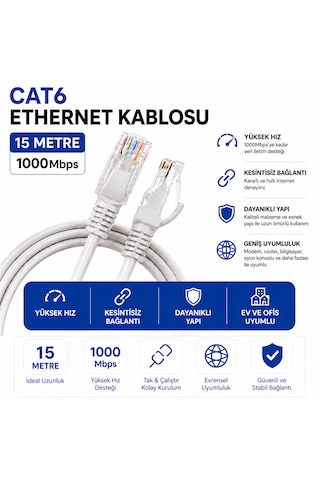 15 Metre Cat6 Fabrikasyon Ethernet Kablosu 1000 Mbps Gigabit Lan İnternet Kablosu Rj45 15 Mt