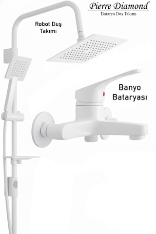 050-1 Banyo Bataryası Robot Duş Takımı Musluk Armatür Siyah Beyaz Gold Krom Renkler Beyaz
