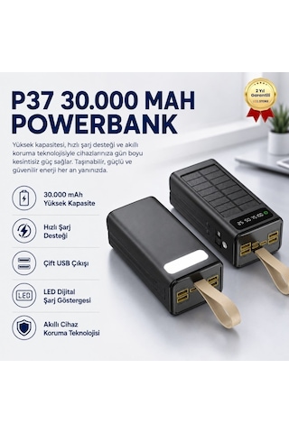 P37 30000 Mah Güneş Enerjili Powerbank, Hızlı Şarj, Çift Usb Çıkışlı, Suya Ve Darbelere Dayanıklı Taşınabilir Şarj Cihazı-1462 BEYAZ