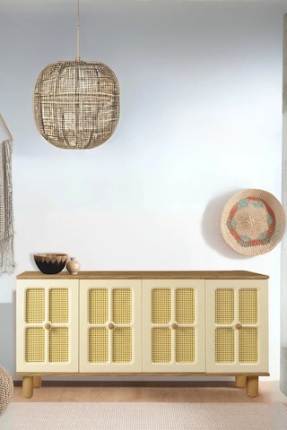 Hasırlı Atlantik Çam Krem Rustik Konsol 4 Kapaklı Doğal Hasır Desenli 160x43.5x80 Cm