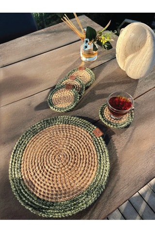 4 Adet Yuvarlak Kılfılı Bardak Altlığı- Leke Tutmaz- Naturel-yeşil 13x13 Cm Yeşil