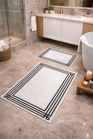 Modern Çizgili Çerçeve Banyo Paspası Kaydırmaz Tabanlı Yumuşak 2 Li Set Beyaz