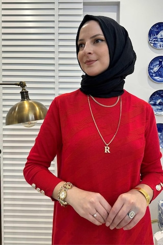 Rabia Şamlı Bilge Kırmızı Triko Tunik Çok Renkli
