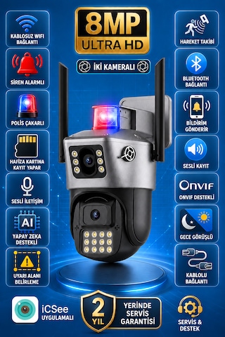 8mp Wifi 2 Kameralı Siren Alarmlı Uyarı Işıklı Gece Görüşlü Adaptörlü Güvenlik Kamerası
