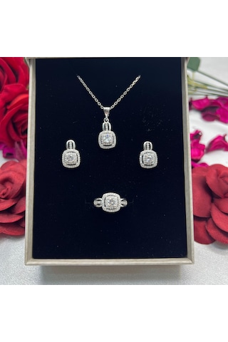 Kare Kadın 3'lü Set 925 Ayar Gümüş Zirkon Taşlı Gümüş