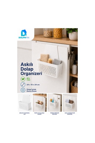 Askılı Dolap Organizeri 24x10x24 Cm Beyaz Pp Kapak Arkası Mutfak Banyo Düzenleyici Sepet