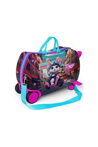 Coral High Kids Pembe Motorlu Kedi Desenli Otur-çek Çocuk Valizi 16358 Pembe