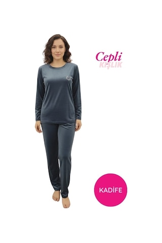Kadın Mavi Bisiklet Yaka İpeksi Fransız Kadife Cepli Kışlık Pijama Takımı Mavi