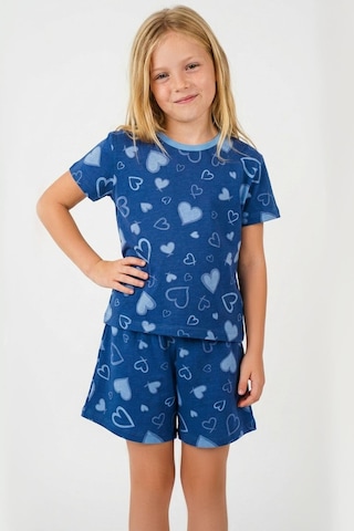 Breeze Kız Çocuk Şortlu Pijama Takımı Kalp Desenli 4-8 Yaş, İndigo