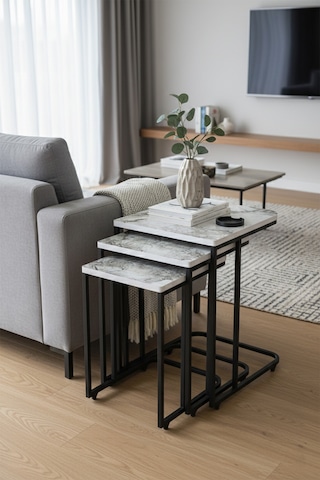 Nemeron Tekerlekli Zigon Sehpa 3lü Yan Sehpa Servis Sehpası Üçlü Çay Sehpası Metal Koltuk Sehpası - Beyaz Beyaz