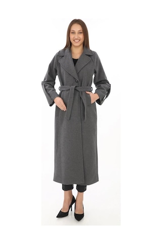 Kadın Uzun Kaşe Kaban Yünlü Dokuma Kaşmir Kumaş, Kruvaze Yaka, Kuşaklı Astarlı Tesettür Uyumlu Şık Füme