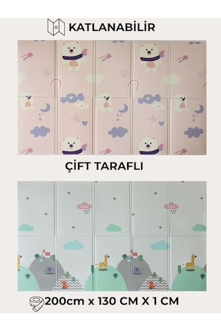 Pureza Çift Taraflı Katlanabilir Oyun Matı 200CMX130CMX1CM Kaymaz, Darbe Emici, Su Geçirmez, Bulutlar Dağlar/Pembe Ayı Masalı, Taşıma Çantası Hediyeli (Yerli Üretim)