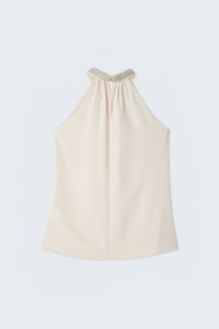 Sateen Yakası Aksesuarlı Kolsuz Bluz - Bej-137437