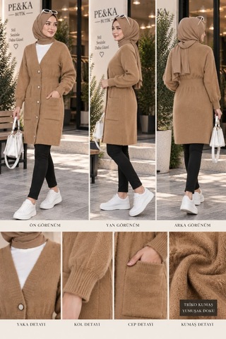 Aymiraa Kadın Angora Kumaş Beli Lastikli Uzun Tesettür Hırka Camel Camel