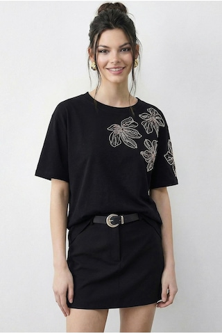 Shade Kadın Boncuk Taş İşlemeli Çiçek Desenli Kol Detaylı Bisiklet Yaka T-shirt 2107 60283972 - Siyah