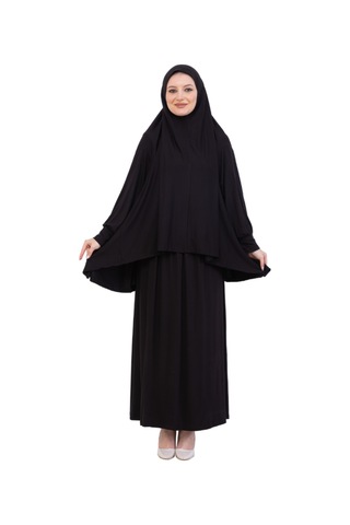 Modish Group İki Parça Namaz Elbisesi Uzun Pamuklu Tesettür Giyim Abaya & Başörtüsü Set Siyah