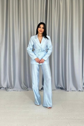 Defymoda Mavi Beli Kuşaklı Ceket Ve Pantolon Parlak Takım Mavi
