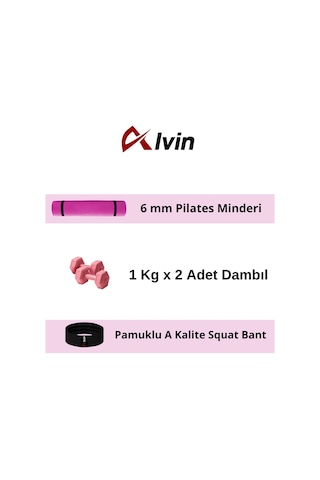 6 Mm Pilates Minderi + 2 Adet 1 Kg Dambıl + Pamuklu A Kalite Squat Bandı Fitness Egzersiz Seti Pembe