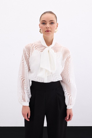 Sateen Fularlı Zebra Desenli Gömlek - Ekru-136000 Ekru