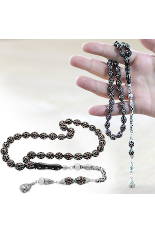 925 Ayar Gümüş Kral Zincir Püsküllü Gümüş-mercan İşlemeli Arpa Kesim Erzurum Oltu Taşı Tesbih Siyah
