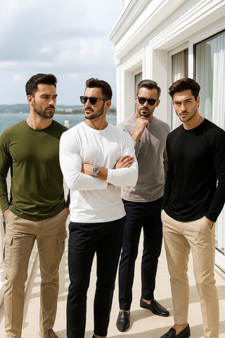 Rich Erkek Siyah-beyaz-grimelanj-haki 4'lü Paket Basic Uzun Kollu Tişört Body T-shirt Siyah